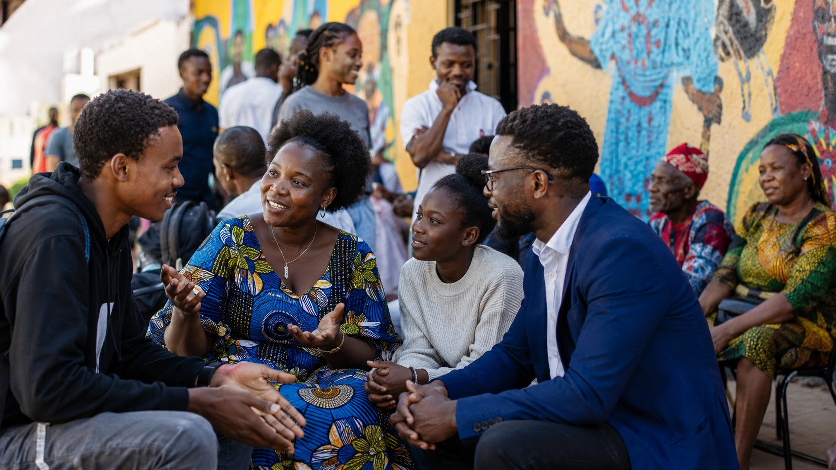 Jeunes Africains, femmes, étudiants, familles et professionnels en discussion dans un espace communautaire