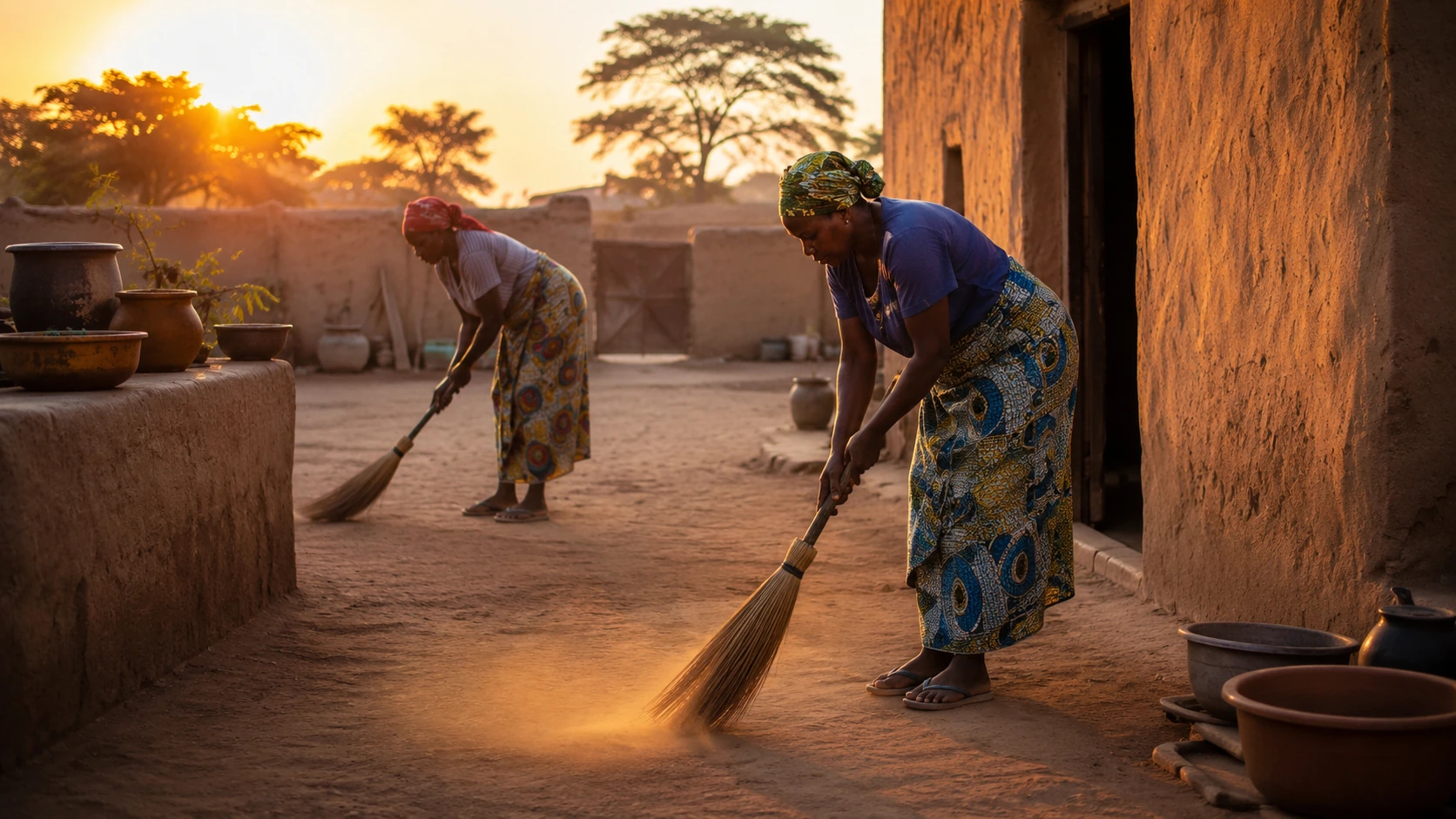 Village africain au lever du jour, deux femmes s’occupant de la cour