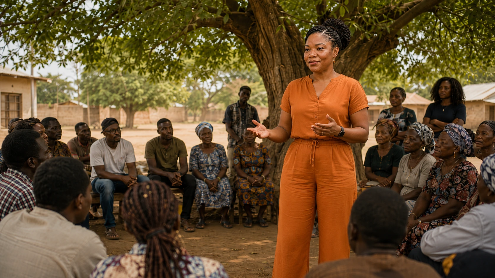Zalikha animant un débat Afrogora sous un arbre à palabre, entourée d’un public attentif
